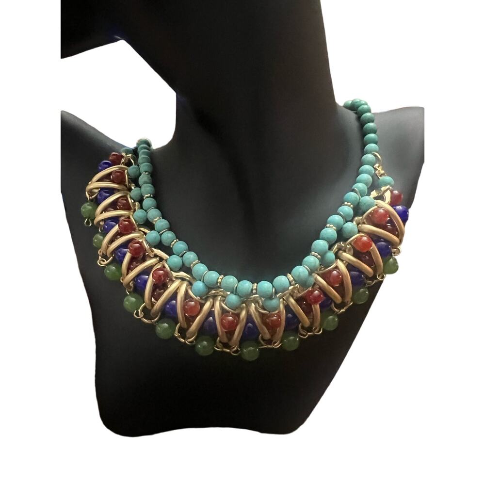 Bold Multi-Colored Beaded Statement Necklace with Gold-Tone Accents